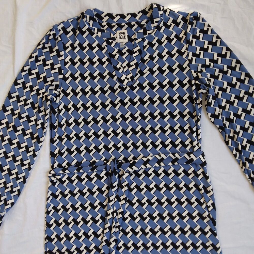 Anne Klein Long Sleeve Sheath Dress Belted Blue Black Geometric Retro Size S - Picture 4 of 16